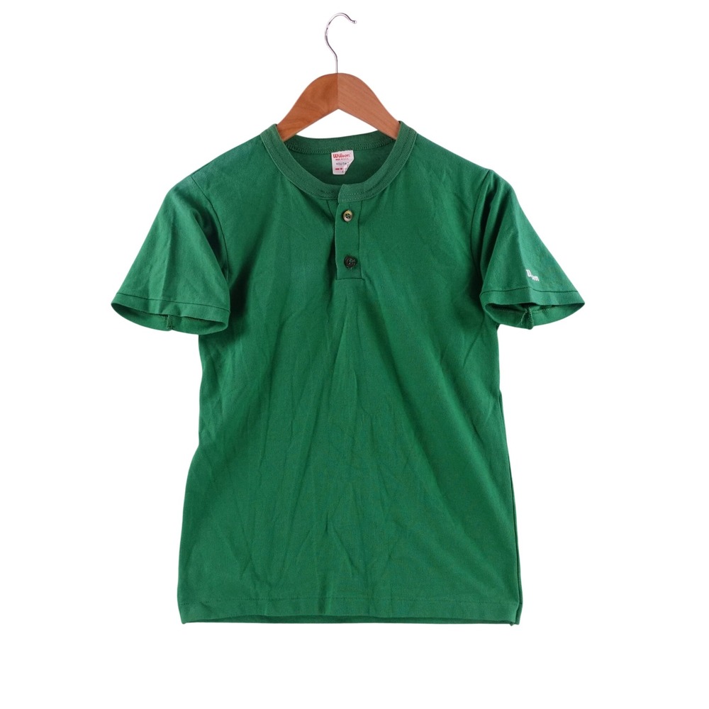 Vintage 70s Wilson Henley Shirt Green Short Sleeve Made in USA Youth M